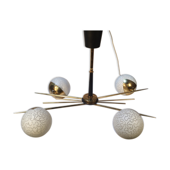 Vintage chandelier 4 lights globes Arlus, 50/60s
