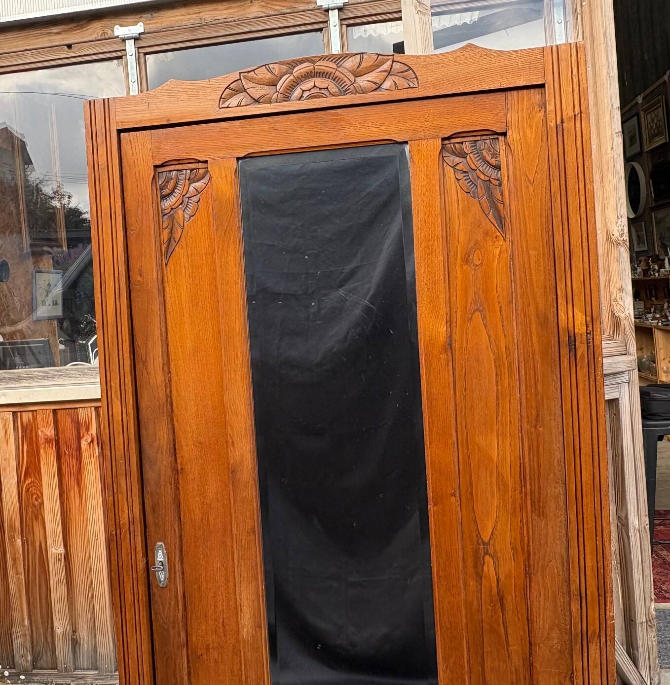 /Art Deco wardrobe with mirror in carved solid oak from the 20s/30s