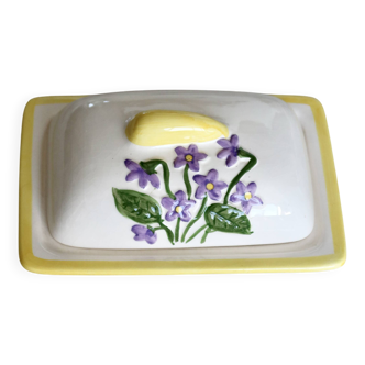 Vintage butter dish in slip and earthenware - Floral pattern