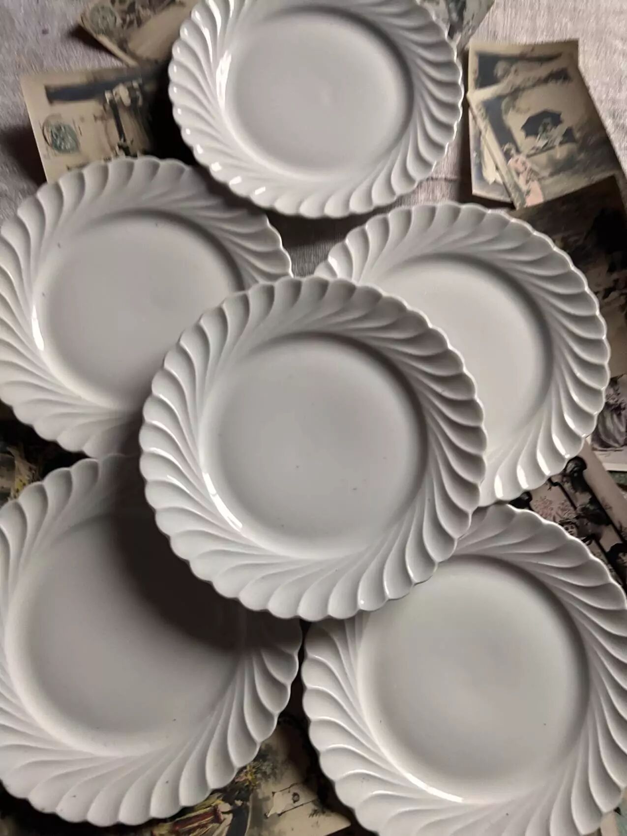 Set of 6 antique twisted white porcelain plates, a beautiful timeless classic.