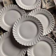 Set of 6 antique twisted white porcelain plates, a beautiful timeless classic.