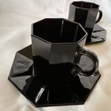 Set of 2 arcoroc black glass coffee cups with underplates