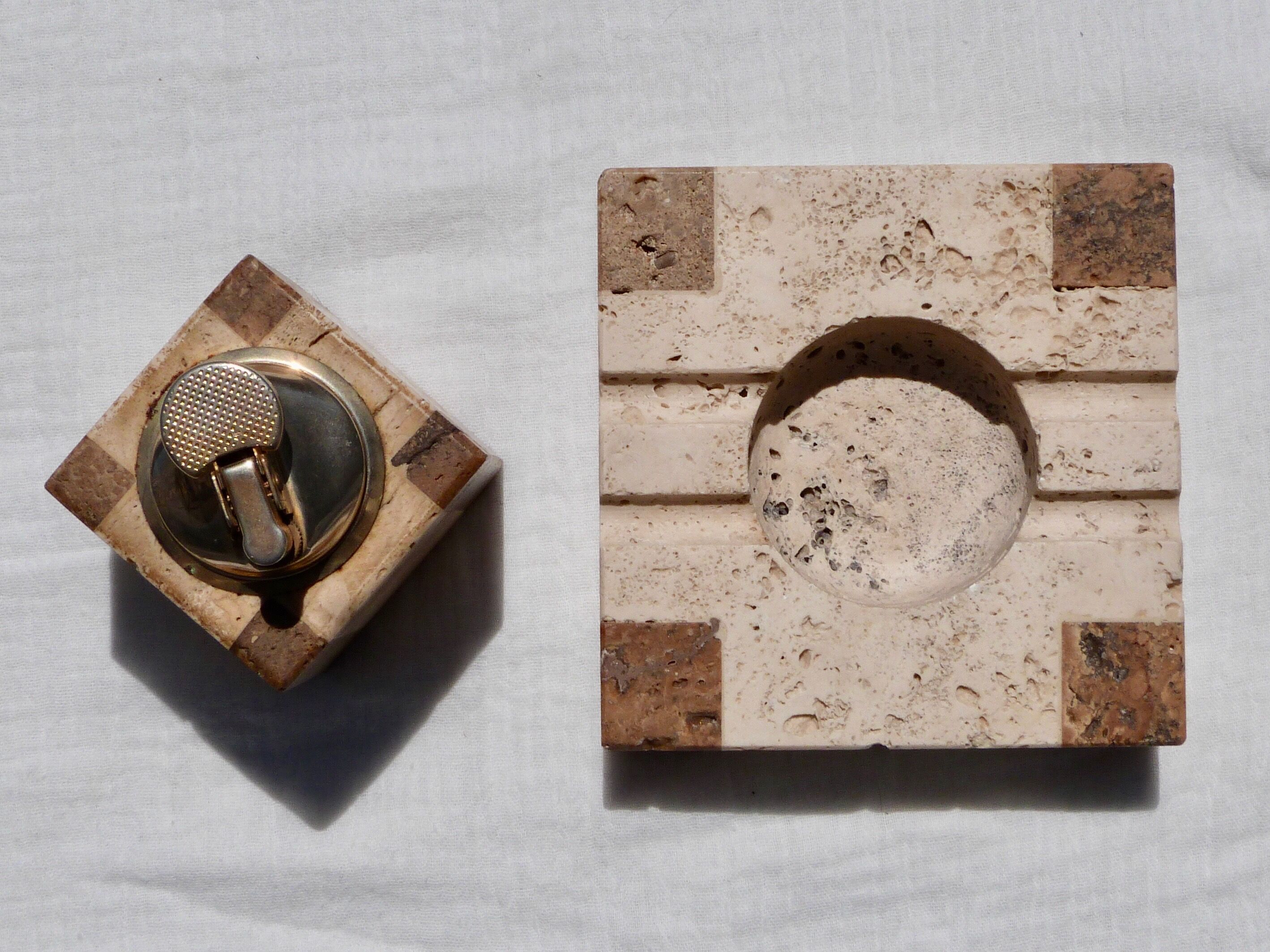 Travertine smoker's set, lighter and ashtray