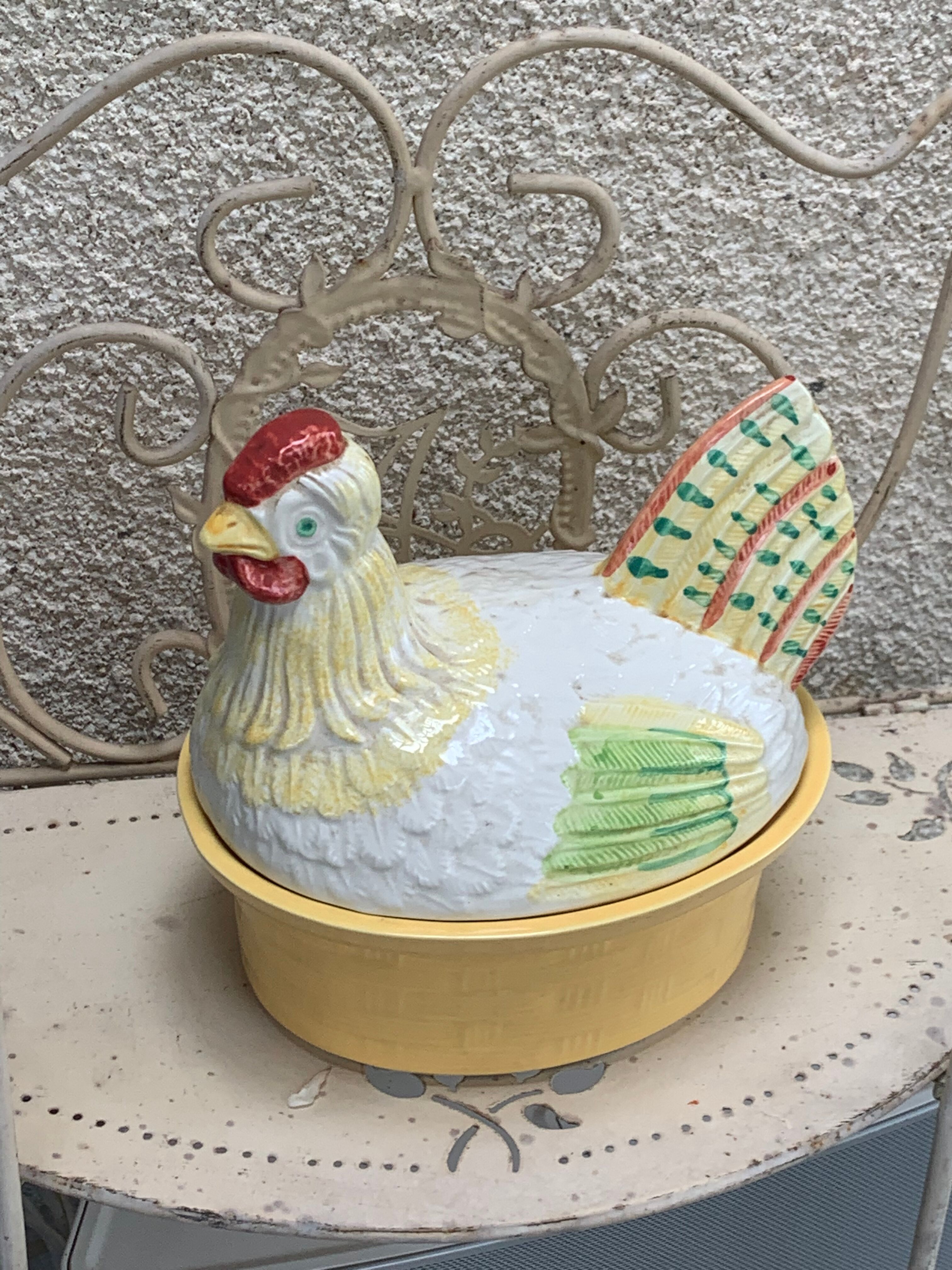 Terrine hen slurry in vintage glazed ceramic