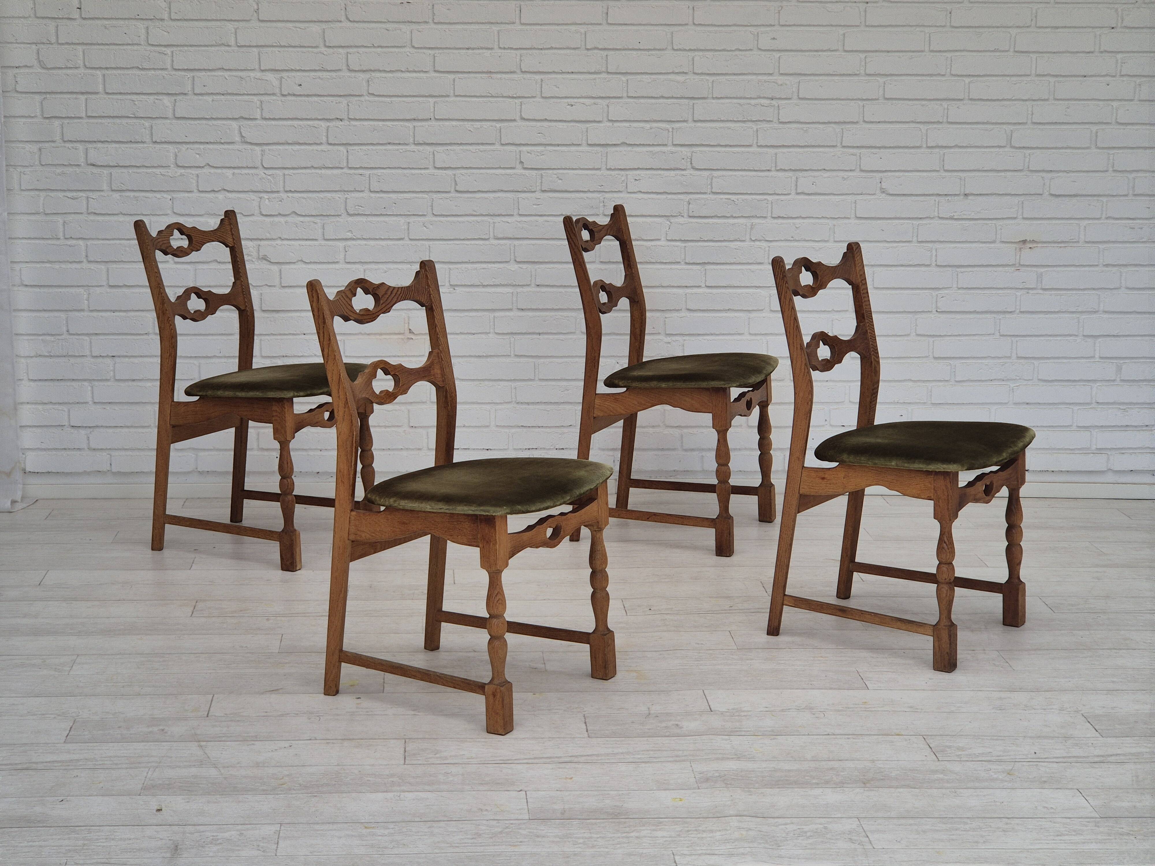 1970s, set of 4 Danish dining chairs, original condition, oak wood, furniture velour.
