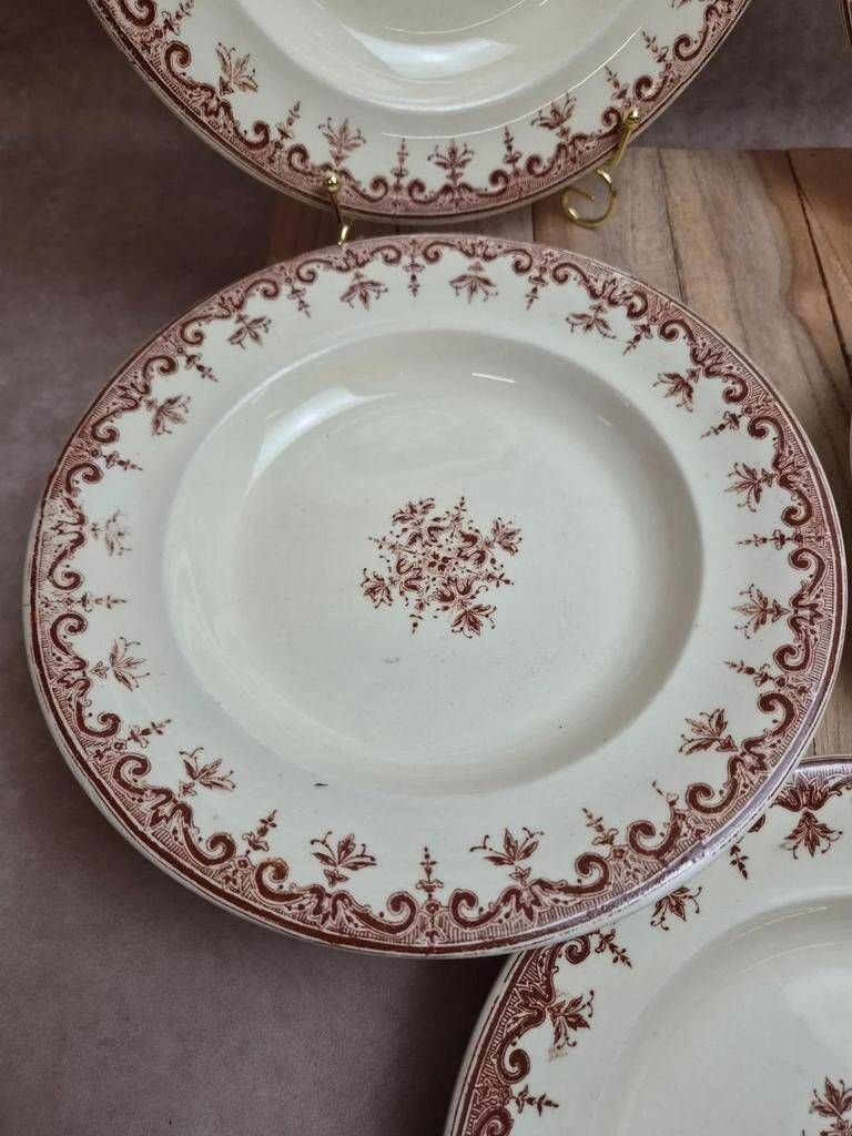 Set of 5 deep plates Terre de Fer Clairefontaine Rouen sepia 19th century