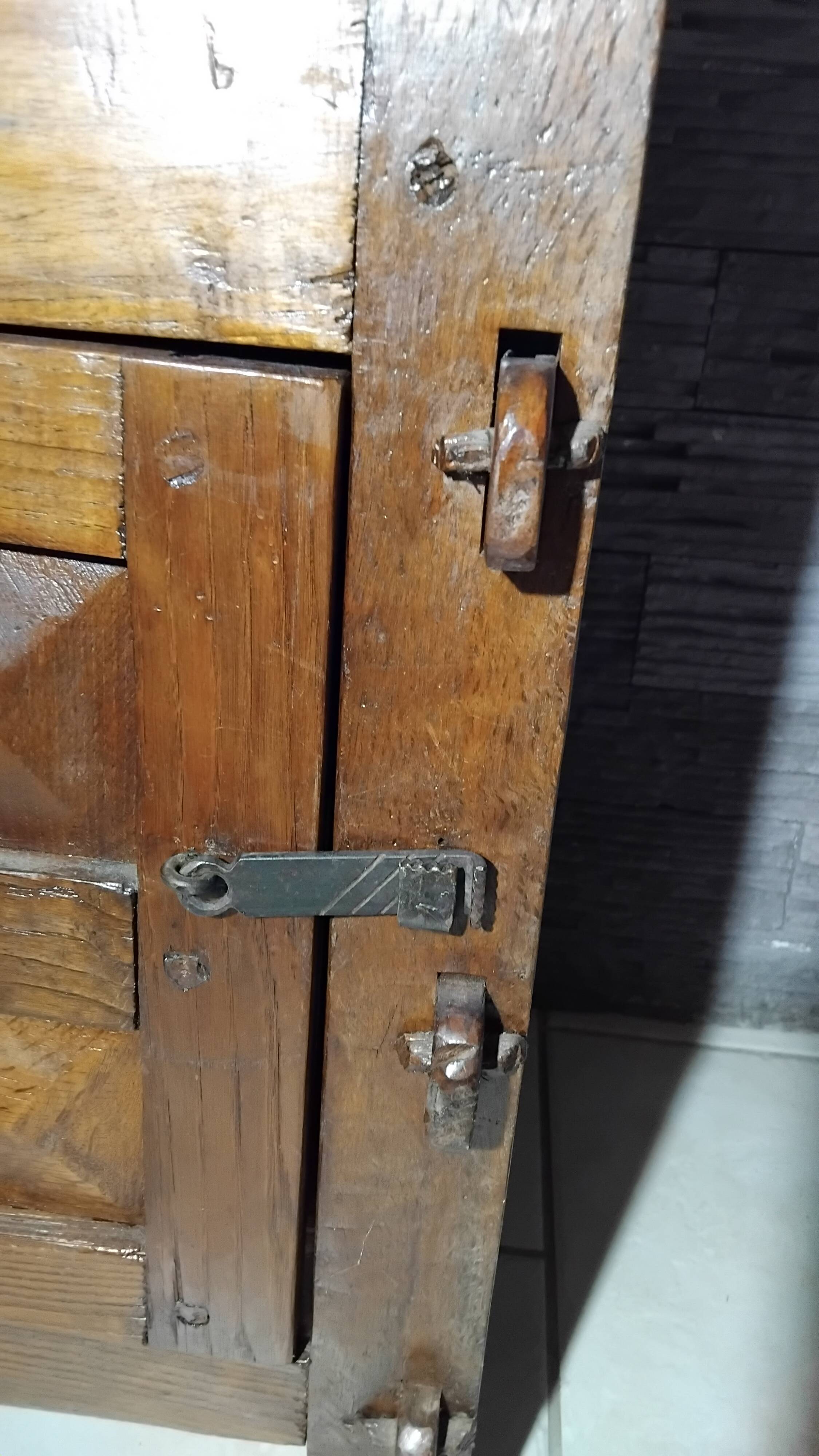 Small vintage brutalist solid oak jam cupboard with wrought iron trim