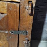 Small vintage brutalist solid oak jam cupboard with wrought iron trim