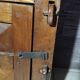 Small vintage brutalist solid oak jam cupboard with wrought iron trim