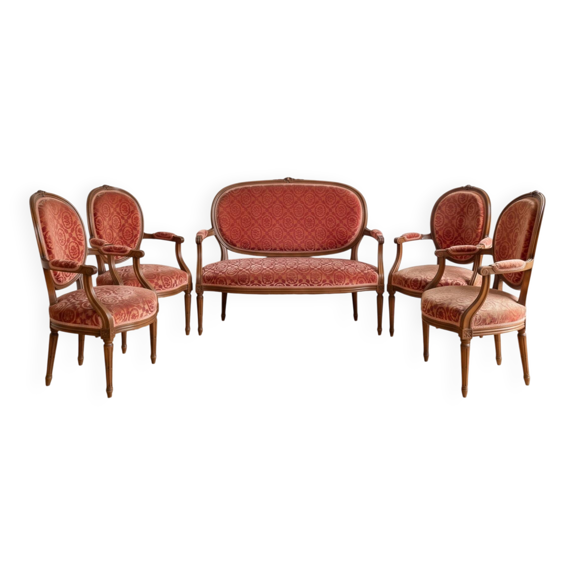 Louis XVI living room set: sofa and 4 armchairs in wood and pink velvet.