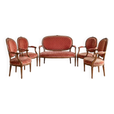 Louis XVI living room set: sofa and 4 armchairs in wood and pink velvet.