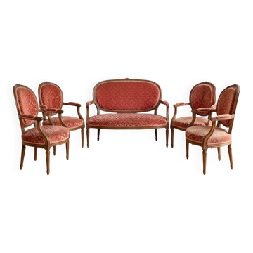 Ensemble salon Louis XVI: canapé et 4 fauteuils en bois et velours rose