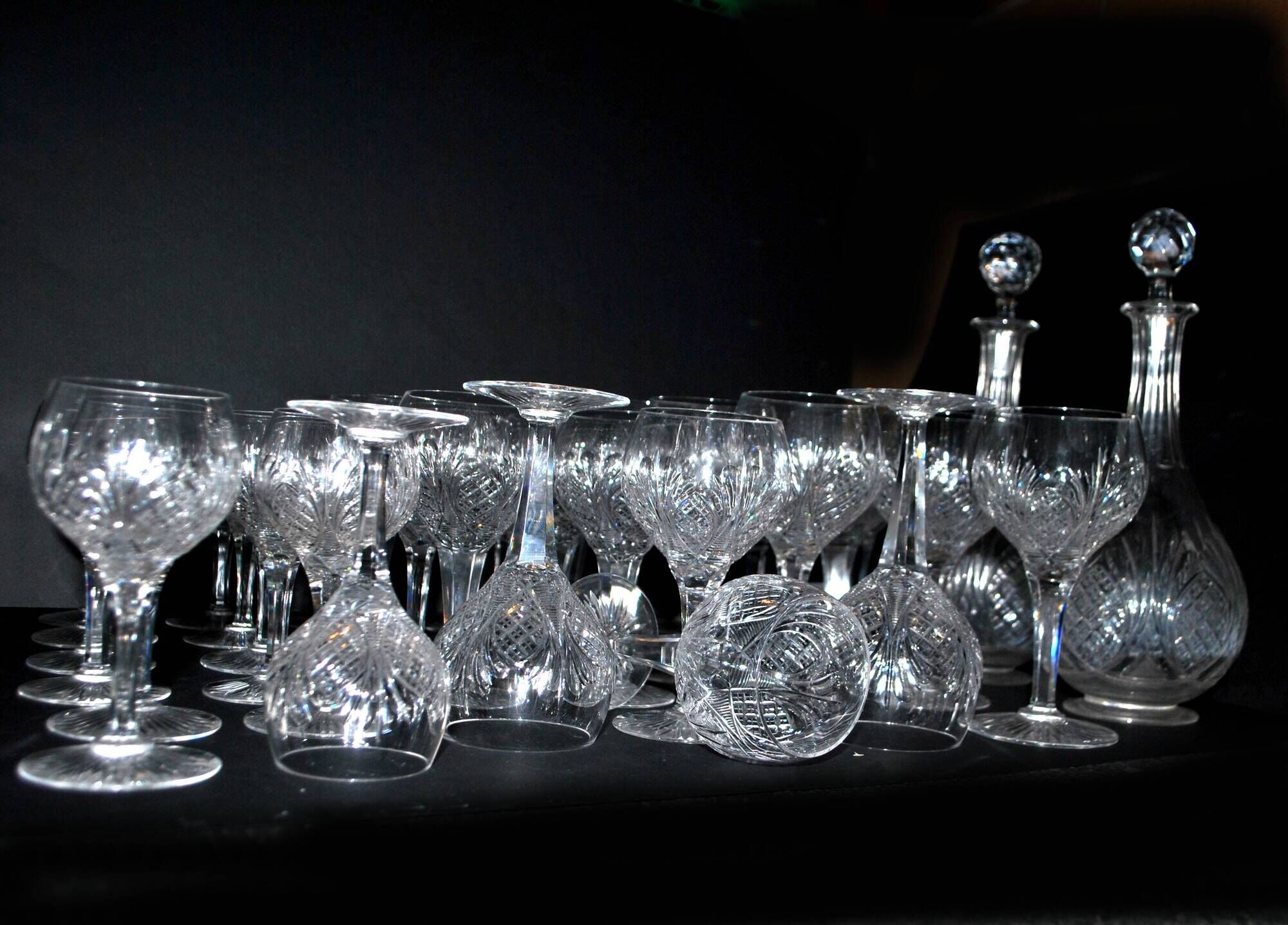 Baccarat set of 35 crystal glasses + 2 flower model carafes 9157 from 1907