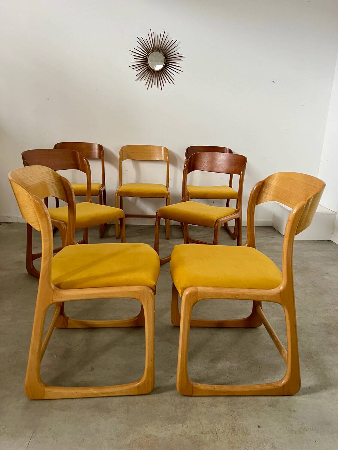 Set of 7 Baumann sled chairs in wood and mustard yellow fabric, 1960s