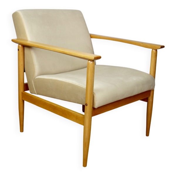 Fauteuil vintage Loft années 70 beige clair - tissu en velours - bois de hêtre naturel