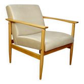 Fauteuil vintage Loft années 70 beige clair - tissu en velours - bois de hêtre naturel