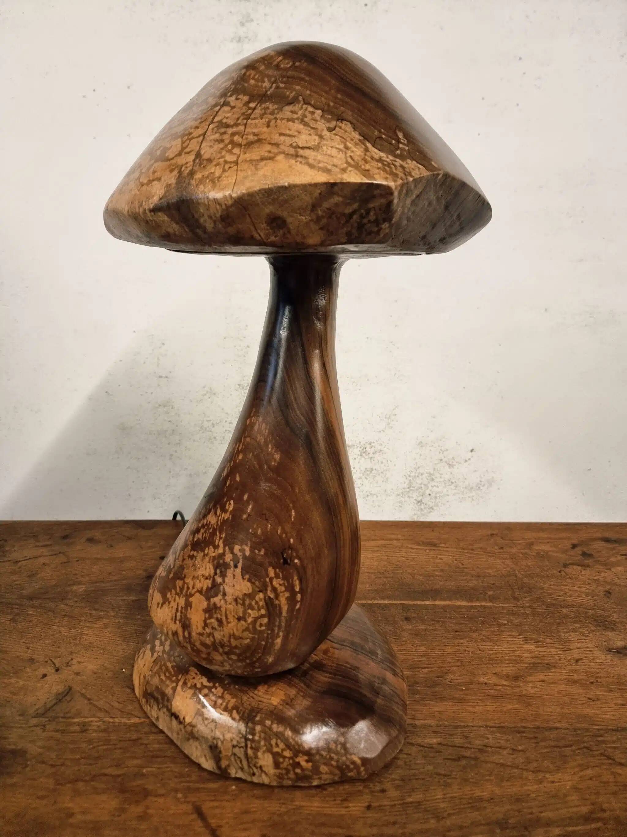Hand-carved wooden mushroom table lamp with integrated LED