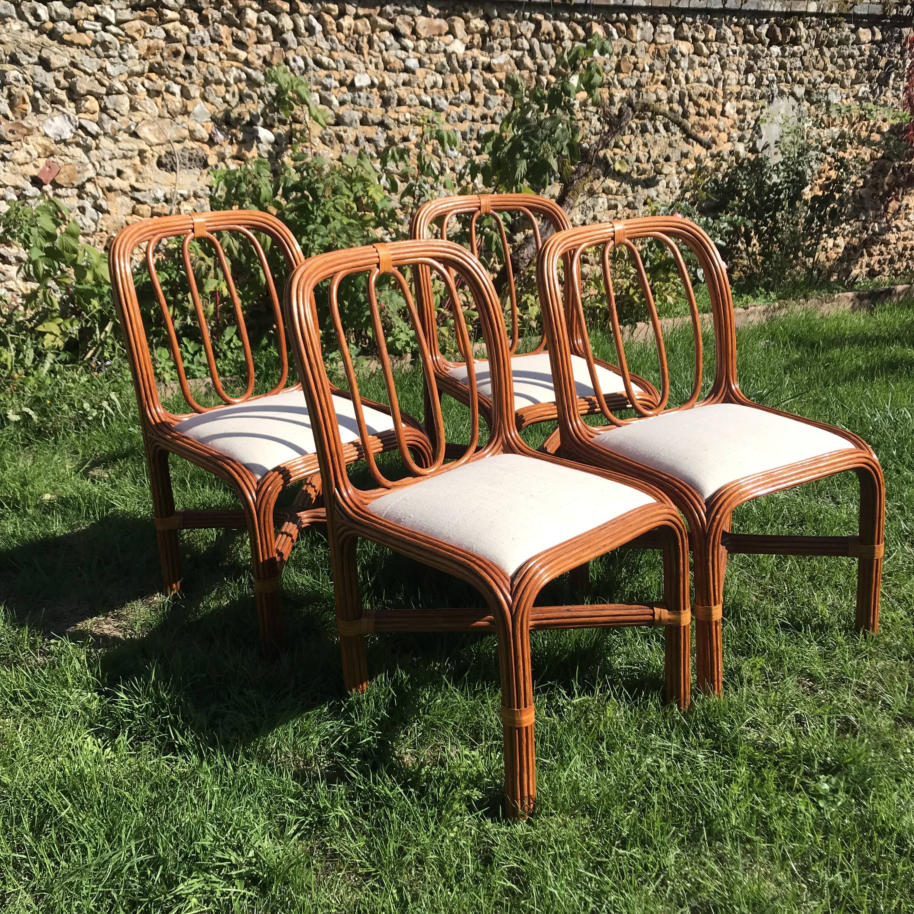 4 vintage rattan chairs seated linen and unbleached hemp