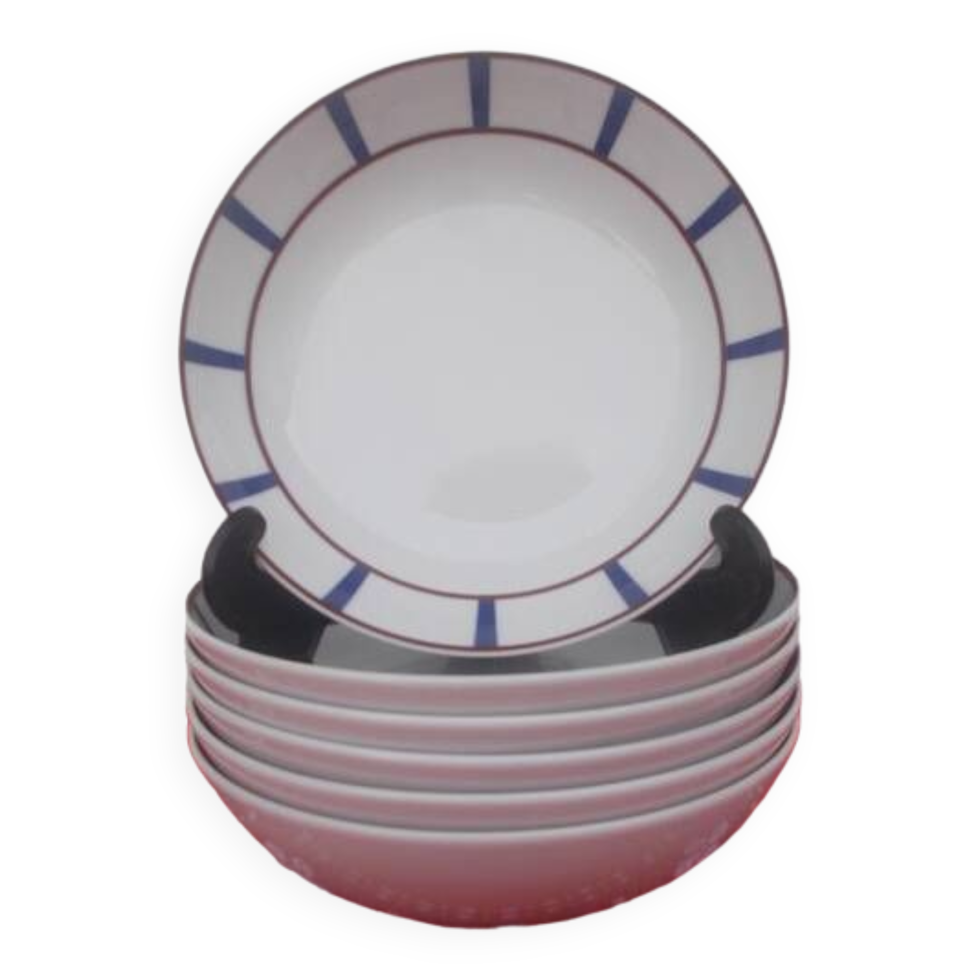 6 deep Basque porcelain plates in blue and red