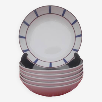 6 assiettes creuses basque porcelaine bleu et rouge
