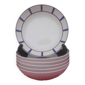 6 assiettes creuses basque porcelaine bleu et rouge