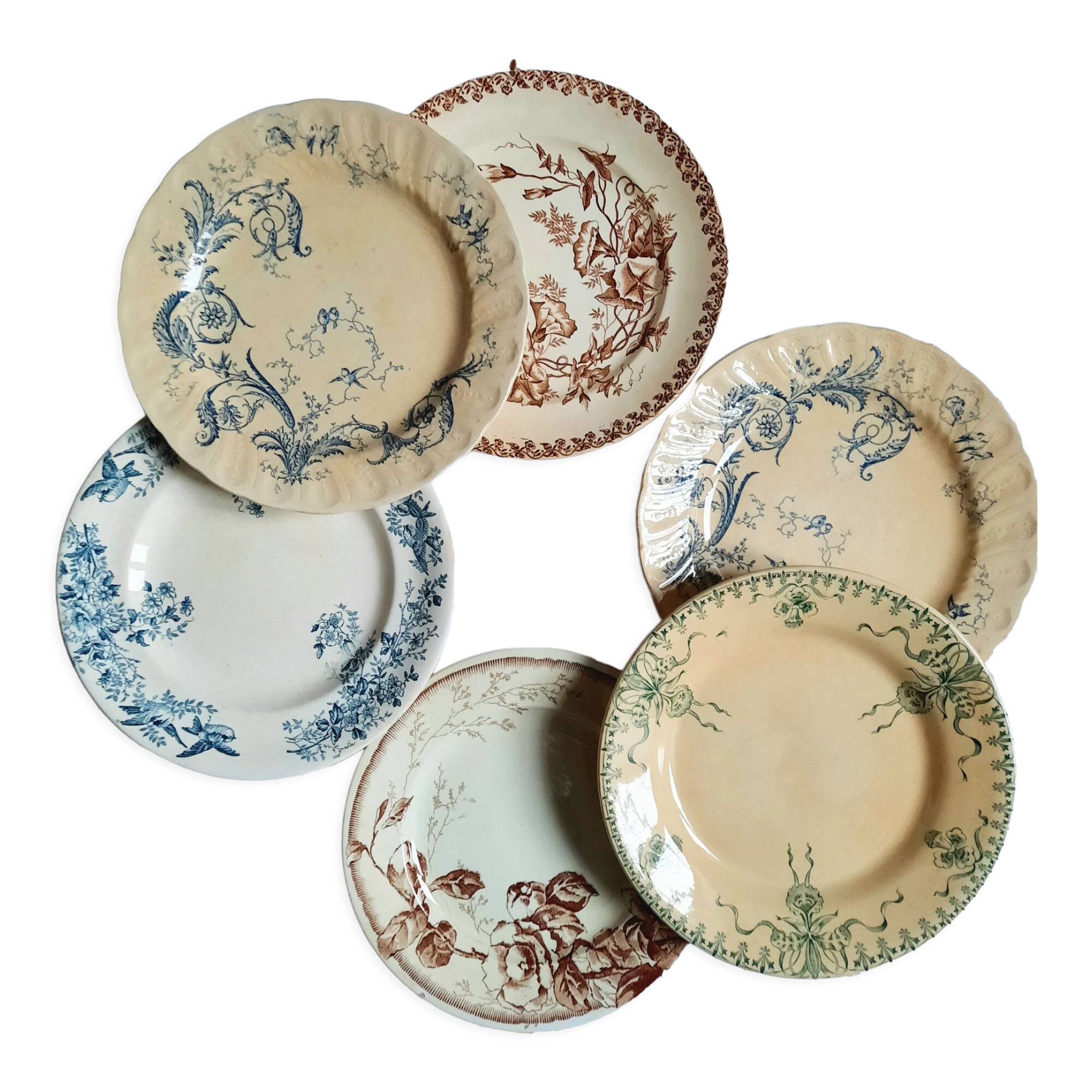 Old flat plates mismatched in earthenware