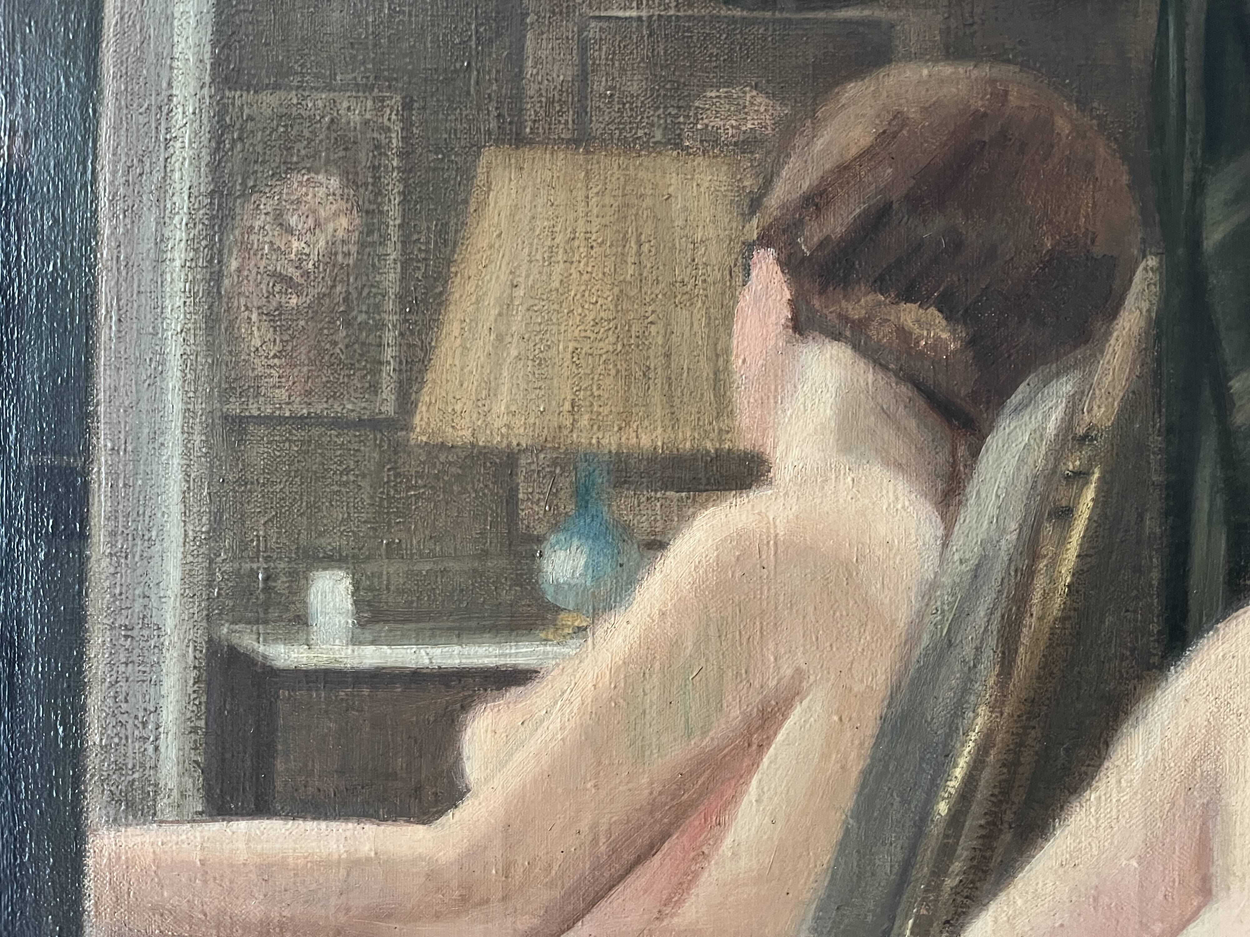 Oil painting on canvas of a nude woman in Art Deco style, old portrait.