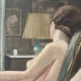 Oil painting on canvas of a nude woman in Art Deco style, old portrait.