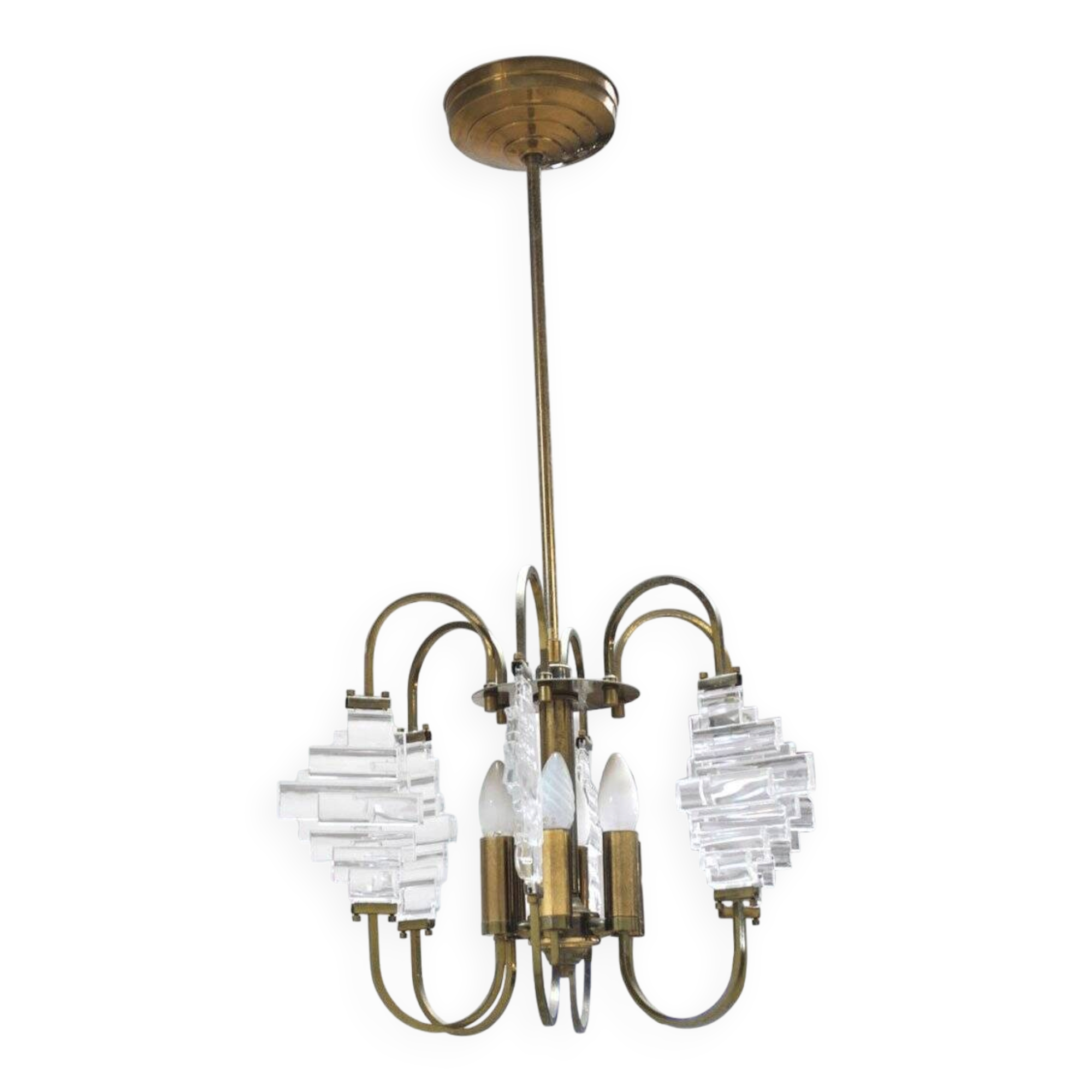 Ceiling lamp in brass and glass in the style of Angelo Brotto, 1950s.