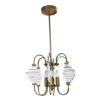 Ceiling lamp in brass and glass in the style of Angelo Brotto, 1950s.