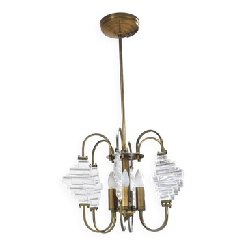 Suspension en laiton et verre dans le style d’Angelo Brotto, 1950s