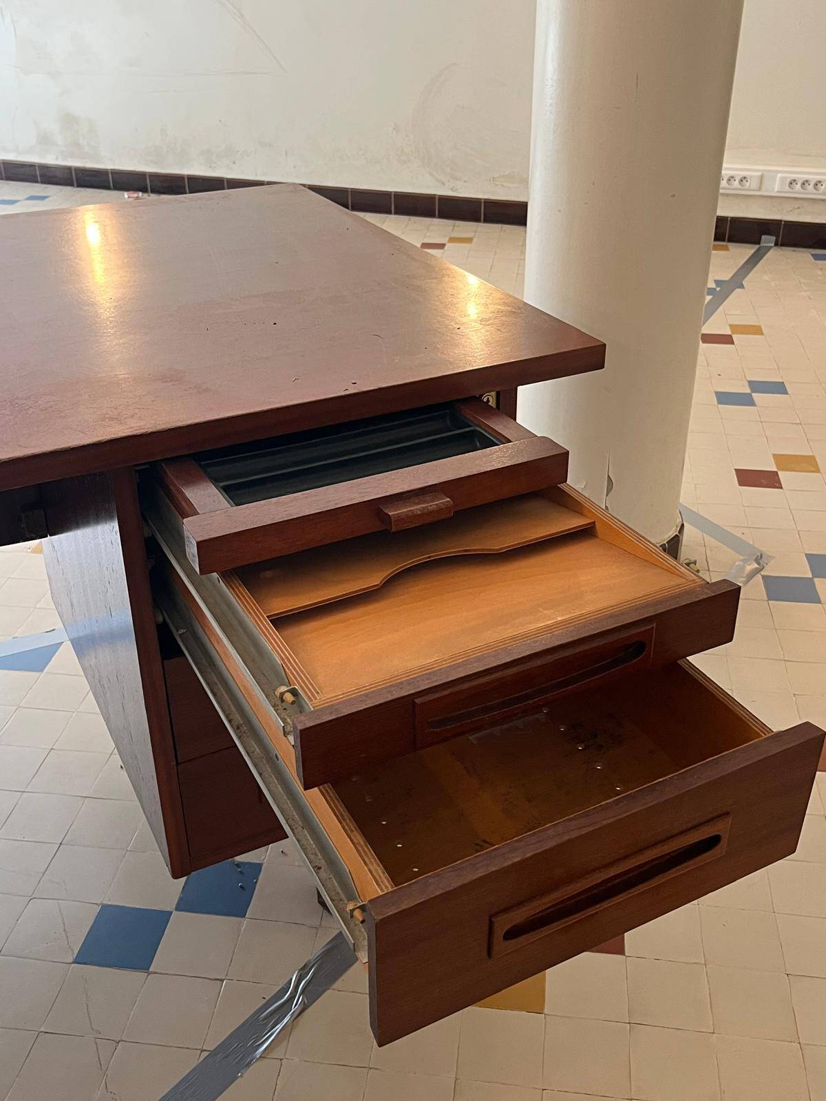 Vintage mahogany executive desk with bar.
