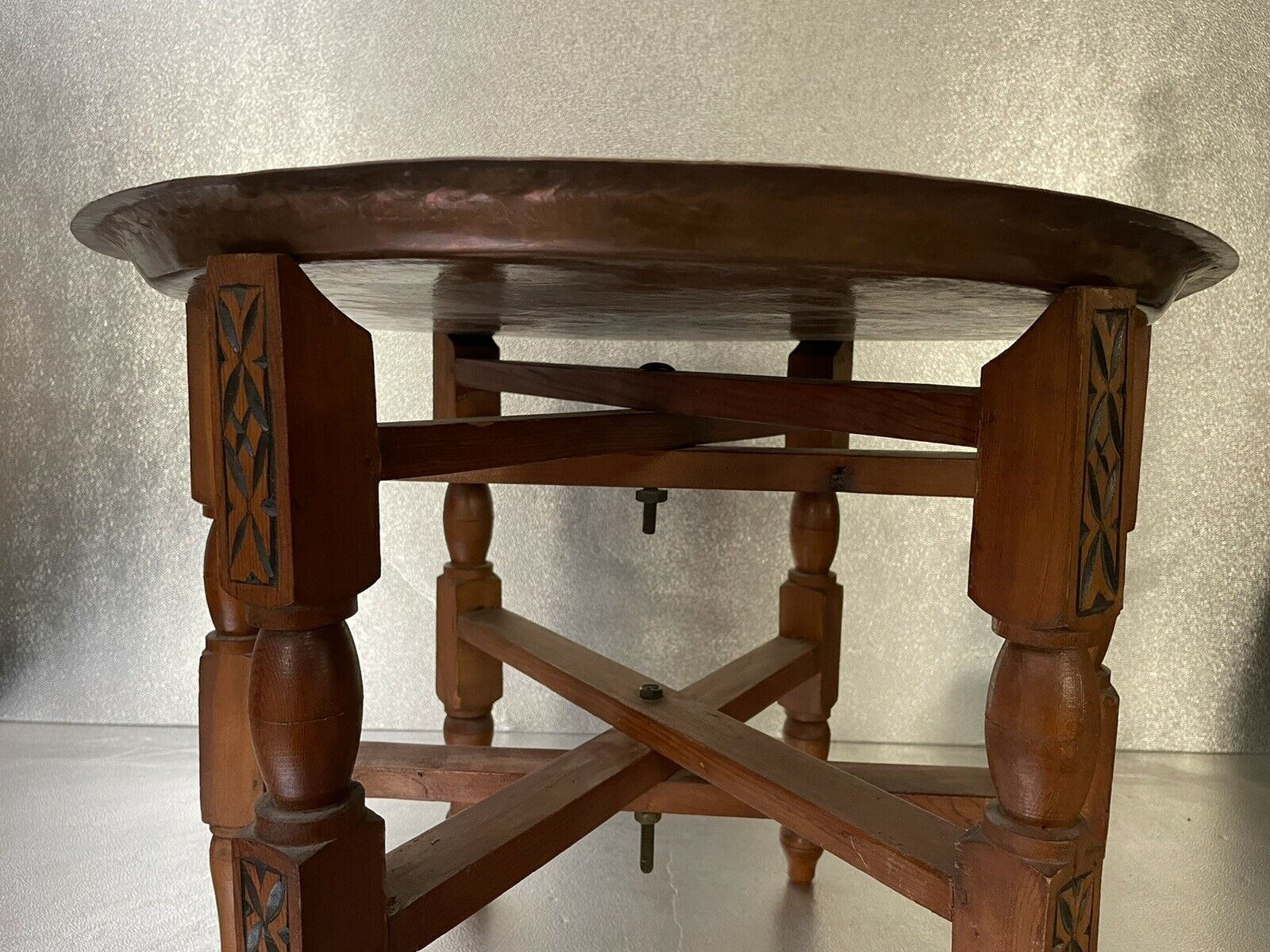 Oriental tea table, moroccan, copper top, engraved wood base, ethnic