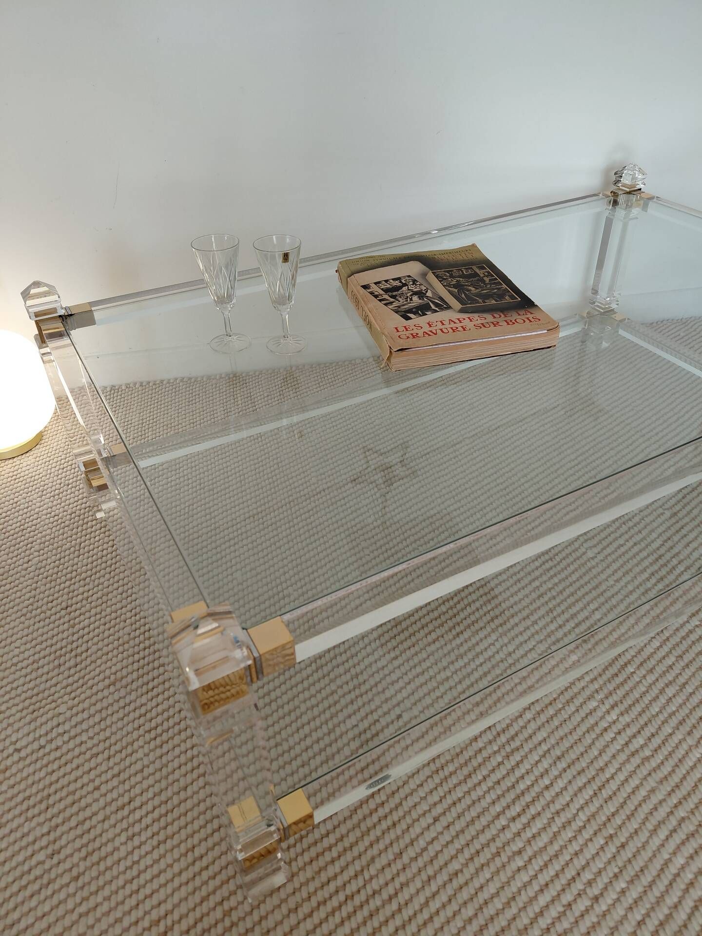 Large Hollywood Regency coffee table Lucite Brass double top 70s