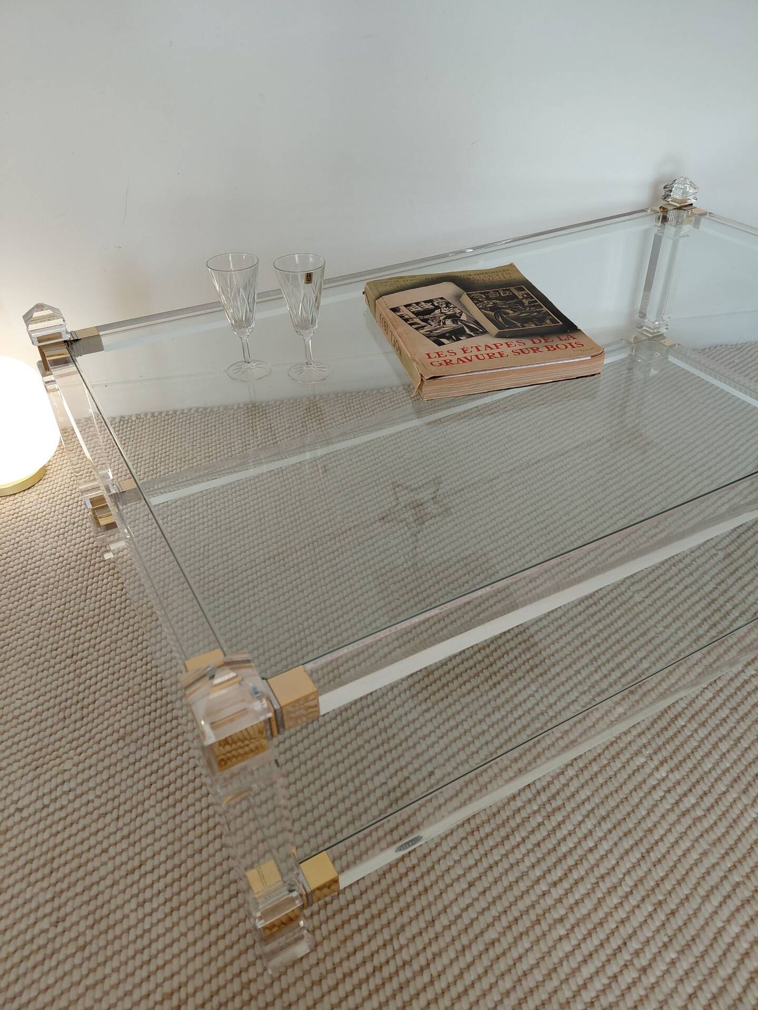 Large Hollywood Regency coffee table Lucite Brass double top 70s