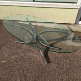 Large oval coffee table in glass and chrome - Vintage 1970