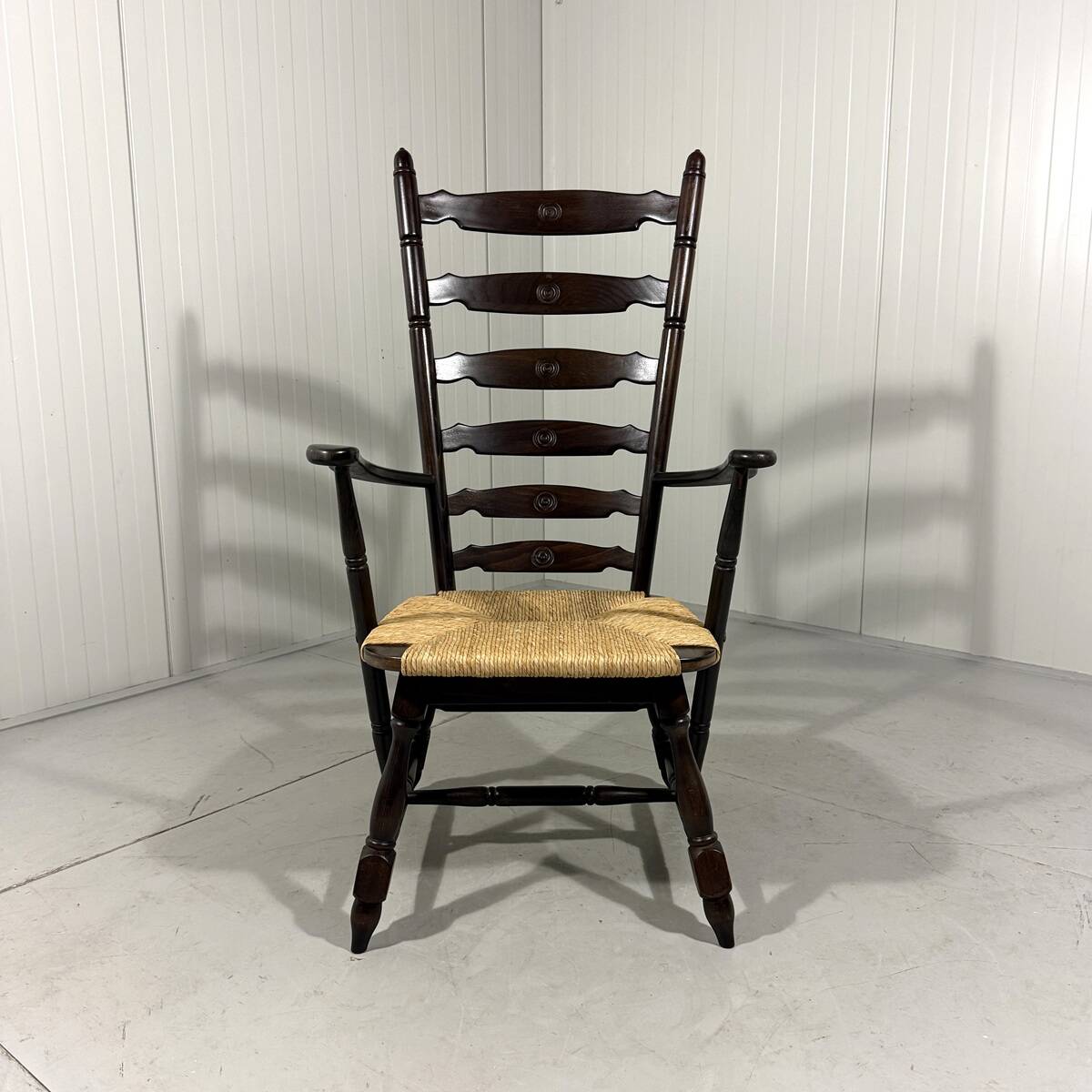 Rustic brutalist high ladder back arm chair 1960’s