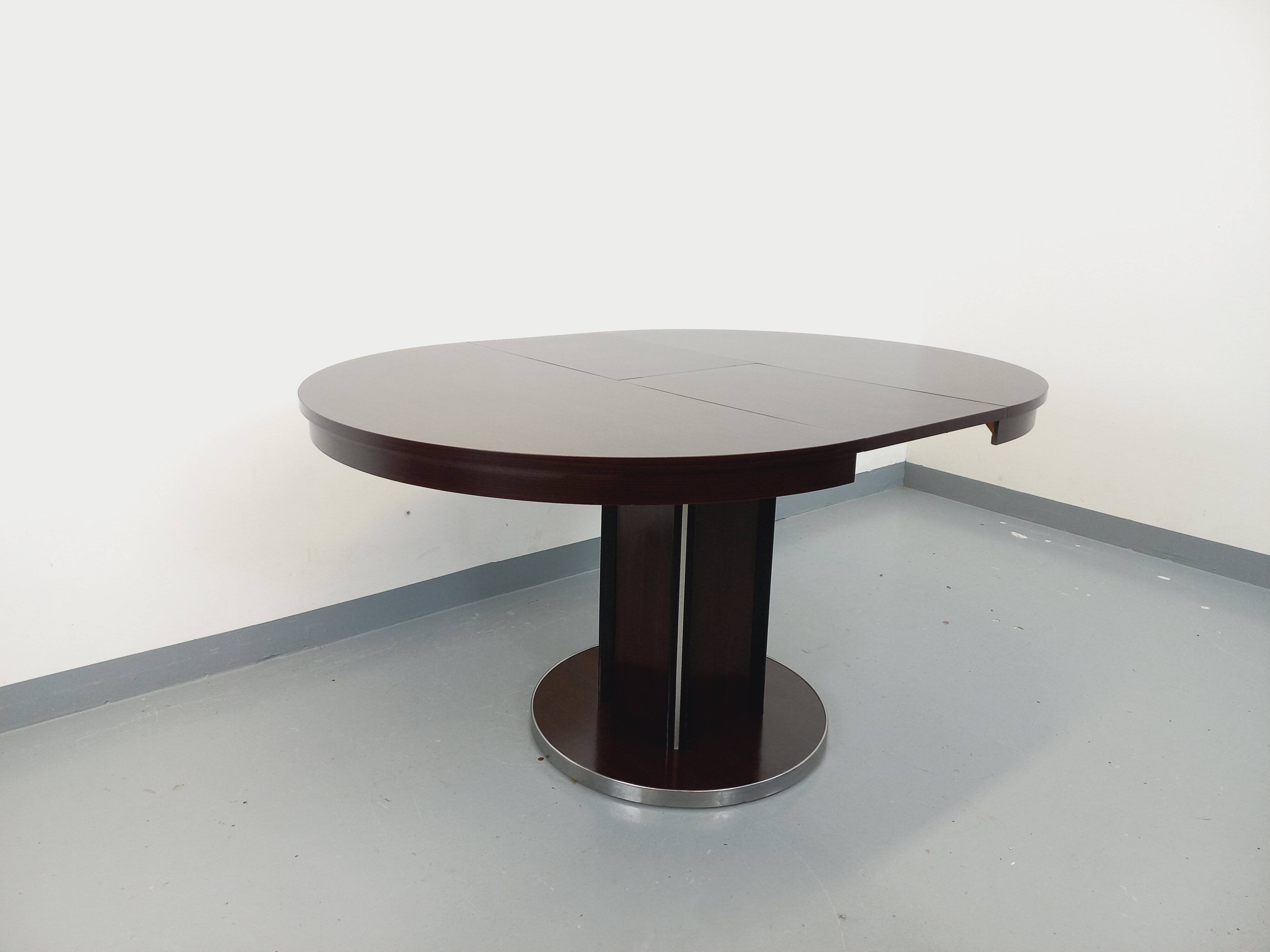 Table ronde de repas vintage en bois d’ébène et métal chromé Space Age