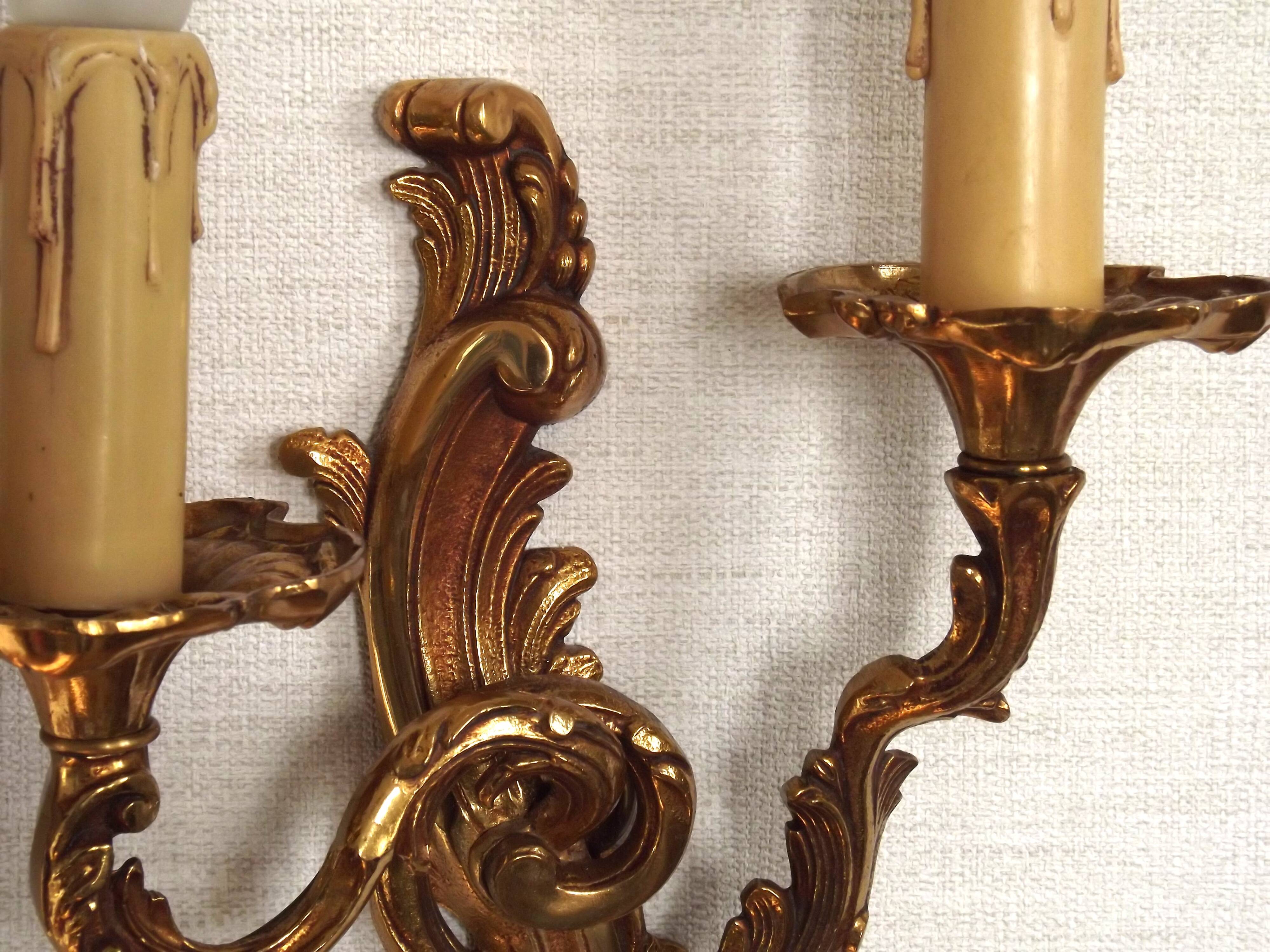 Stylish Vintage French Bronze Double Wall Sconces with Acanthus Leaf Detail