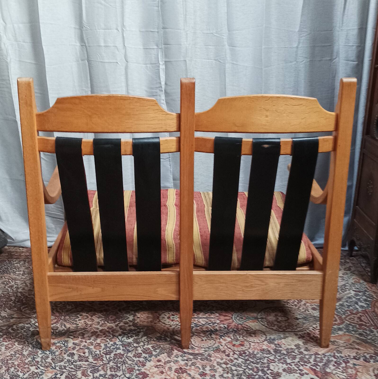 Banquette vintage 2 places et repose-pieds en chêne