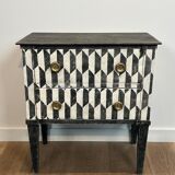 Small Italian chest of drawers with two drawers, patinated with a trompe-l'œil checkerboard pattern