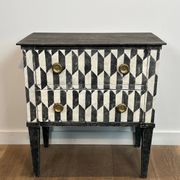 Small Italian chest of drawers with two drawers, patinated with a trompe-l'œil checkerboard pattern