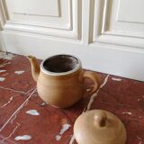 Vintage stoneware teapot and cup, "selfish" tea service, signed