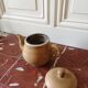 Vintage stoneware teapot and cup, "selfish" tea service, signed