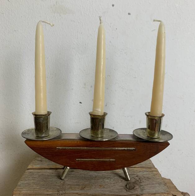 Stylish mid‑century modern candlestick JRUS‑Metall wood+metal German 1960