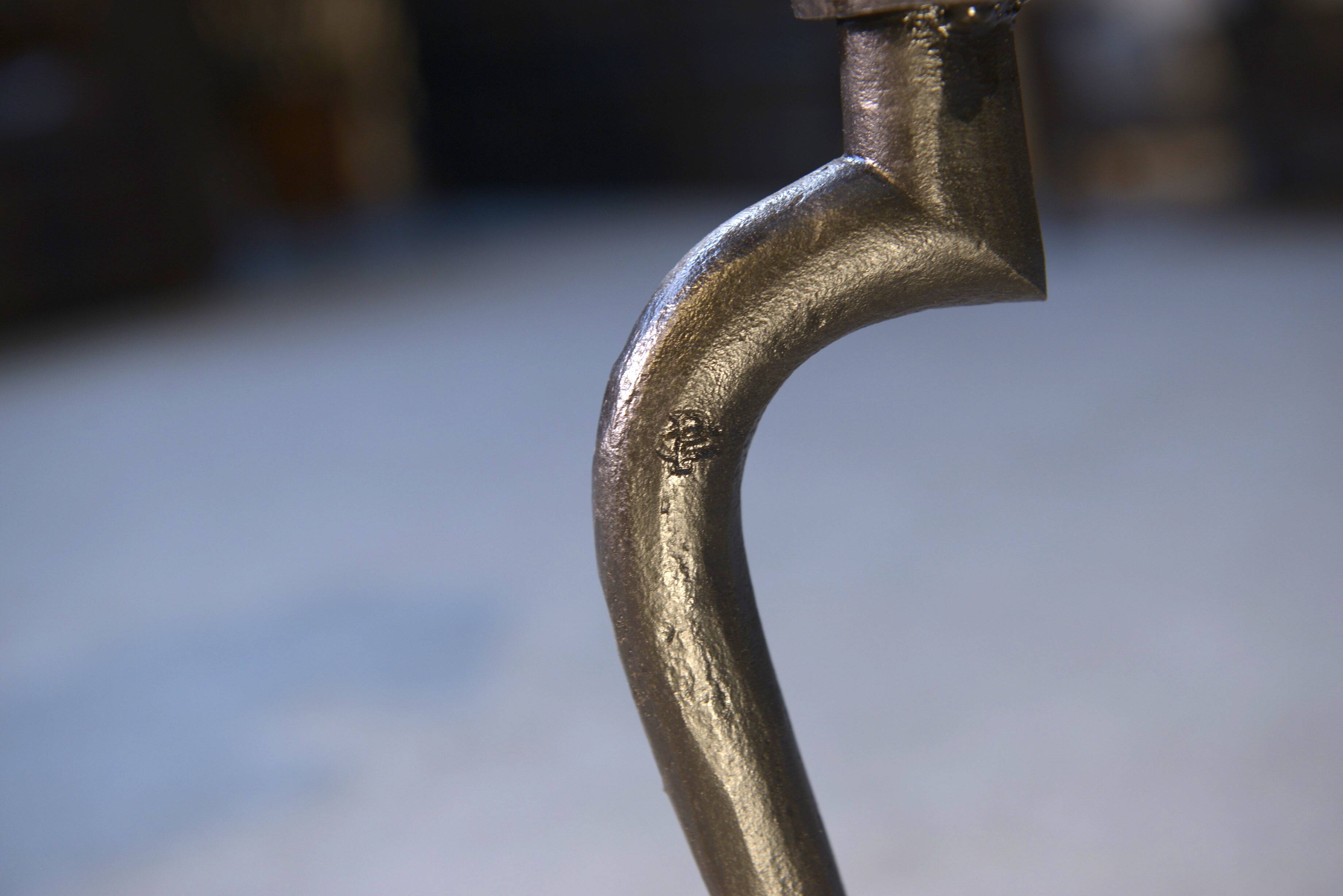Pair of wrought iron side tables with oak tops, French work