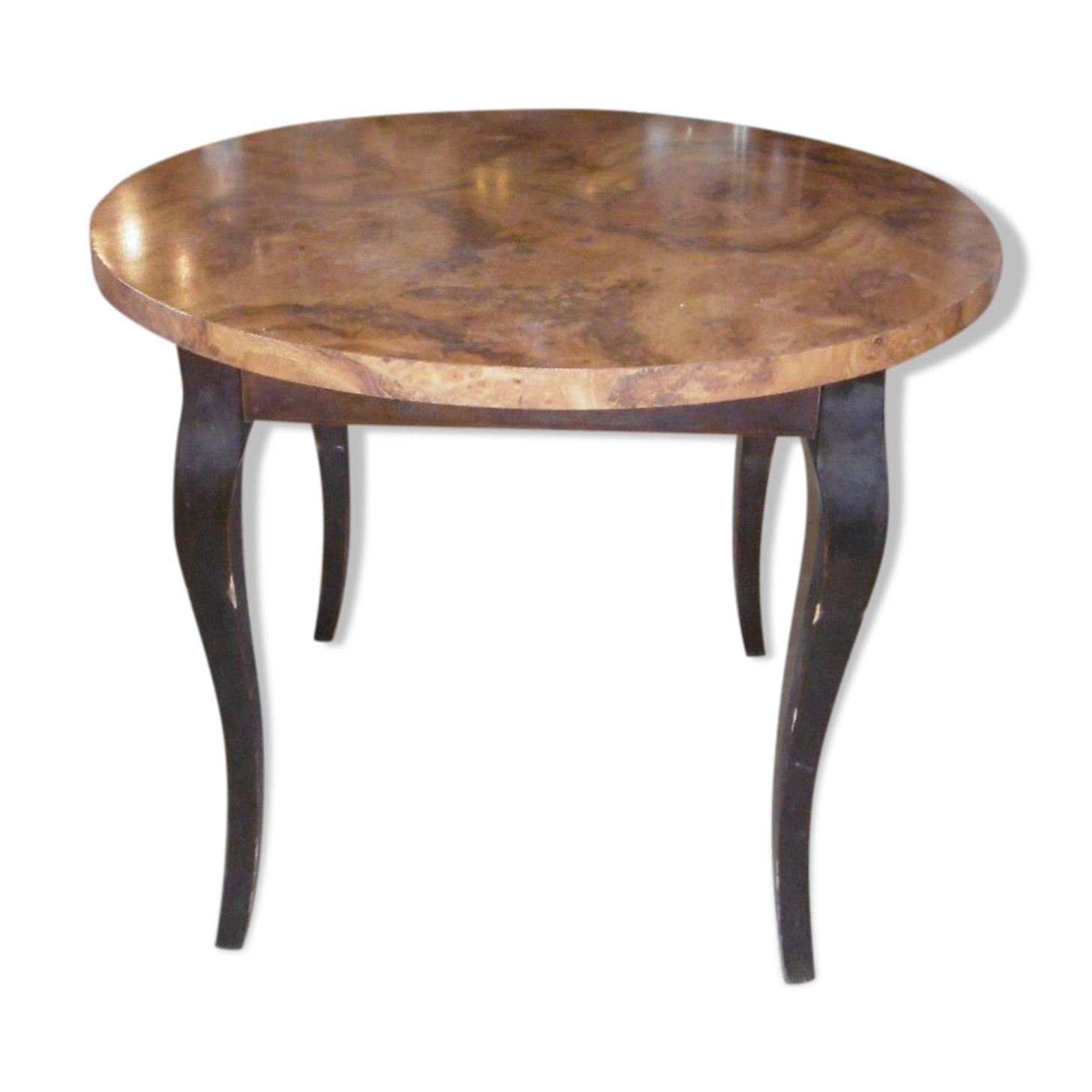Round table art deco style - elm magnifying glass top and black wooden legs