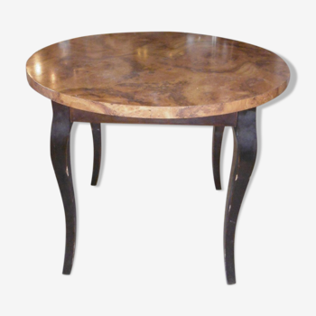 Table ronde style art deco -  plateau loupe d'orme et pieds bois noirs