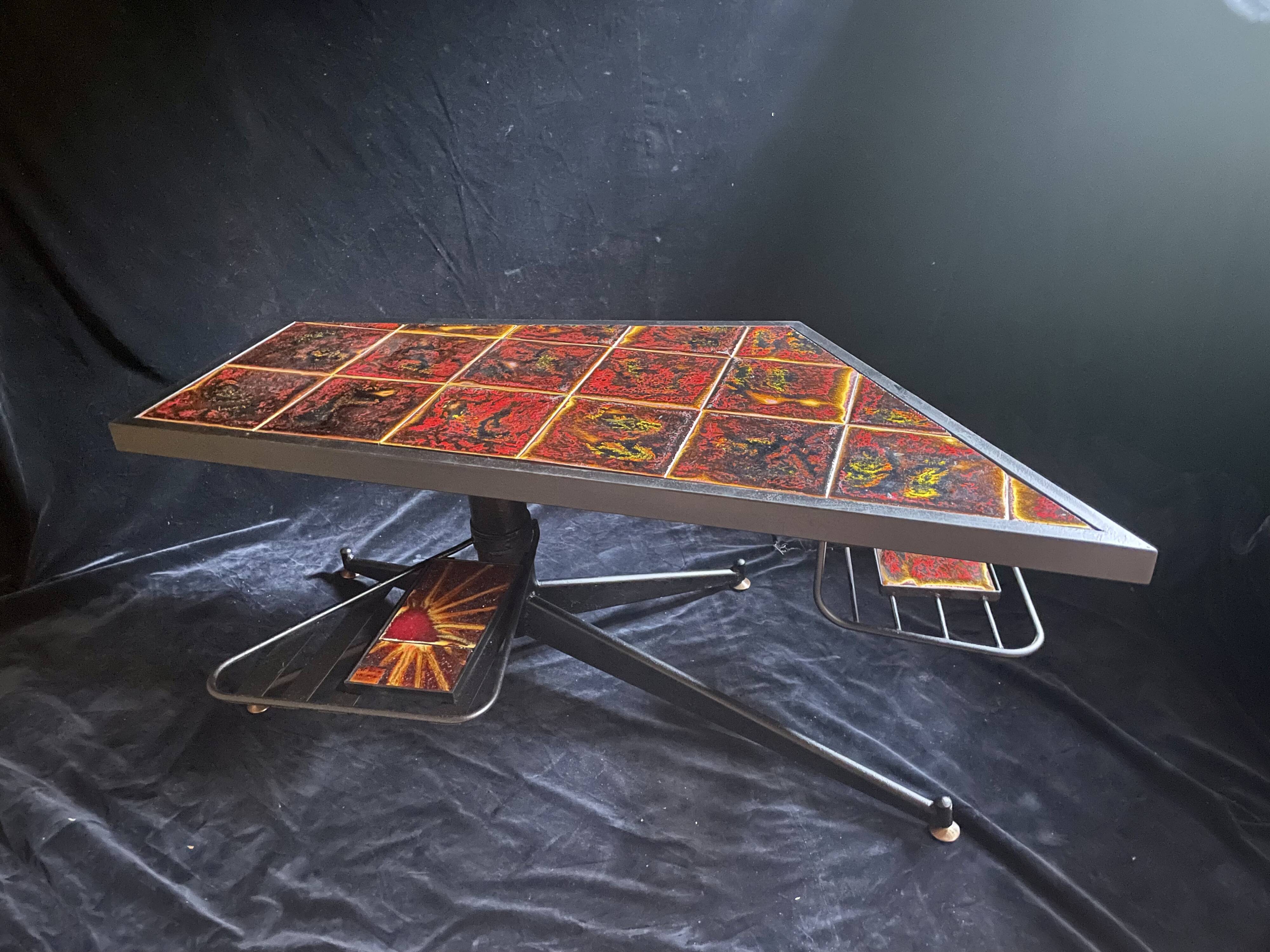 Table signed "La Roue/Vallauris", metal/ceramic, 1970s.