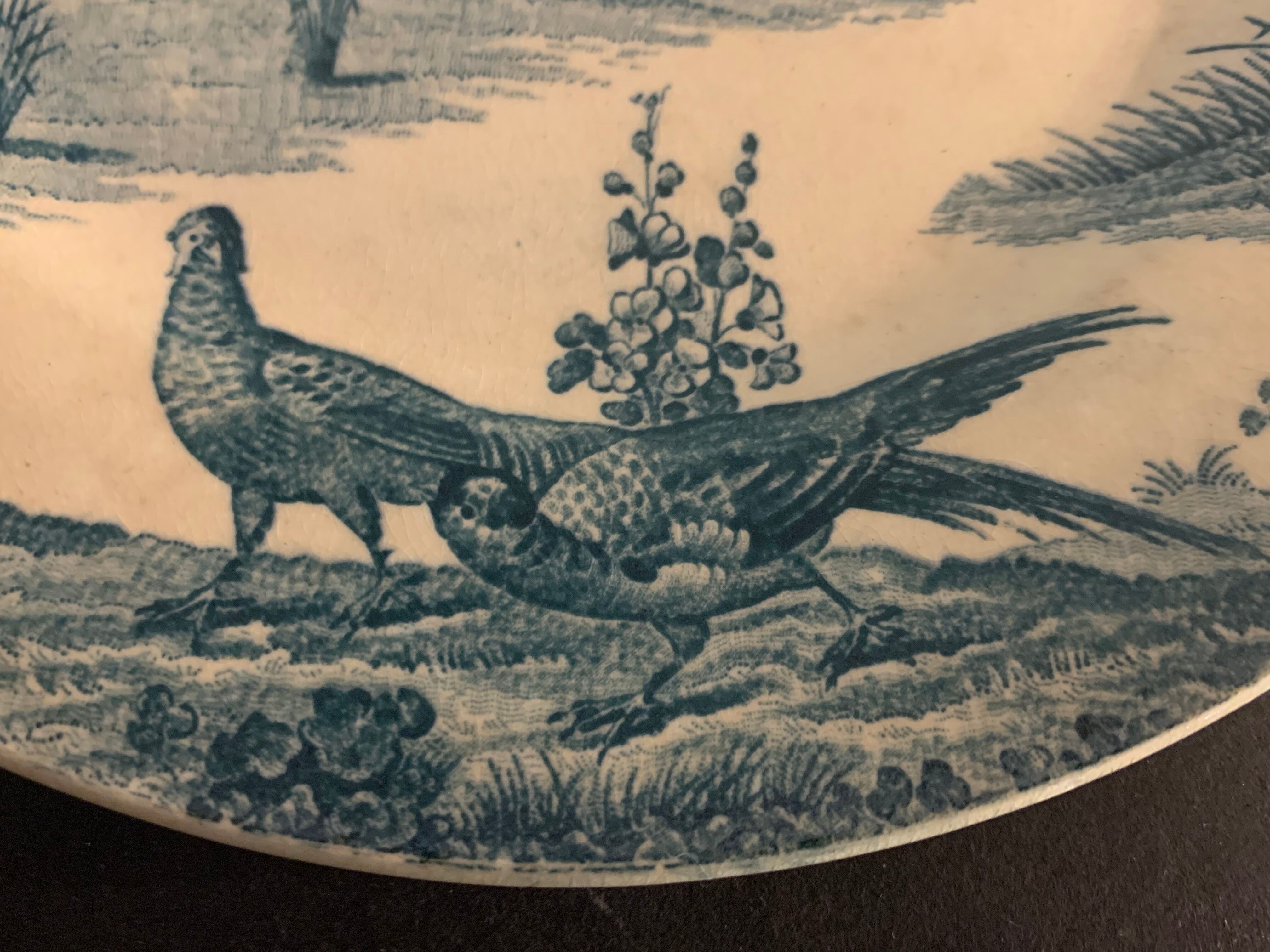 9 dessert plates old chickens, geese and pheasants blue field service Terre de Fer
